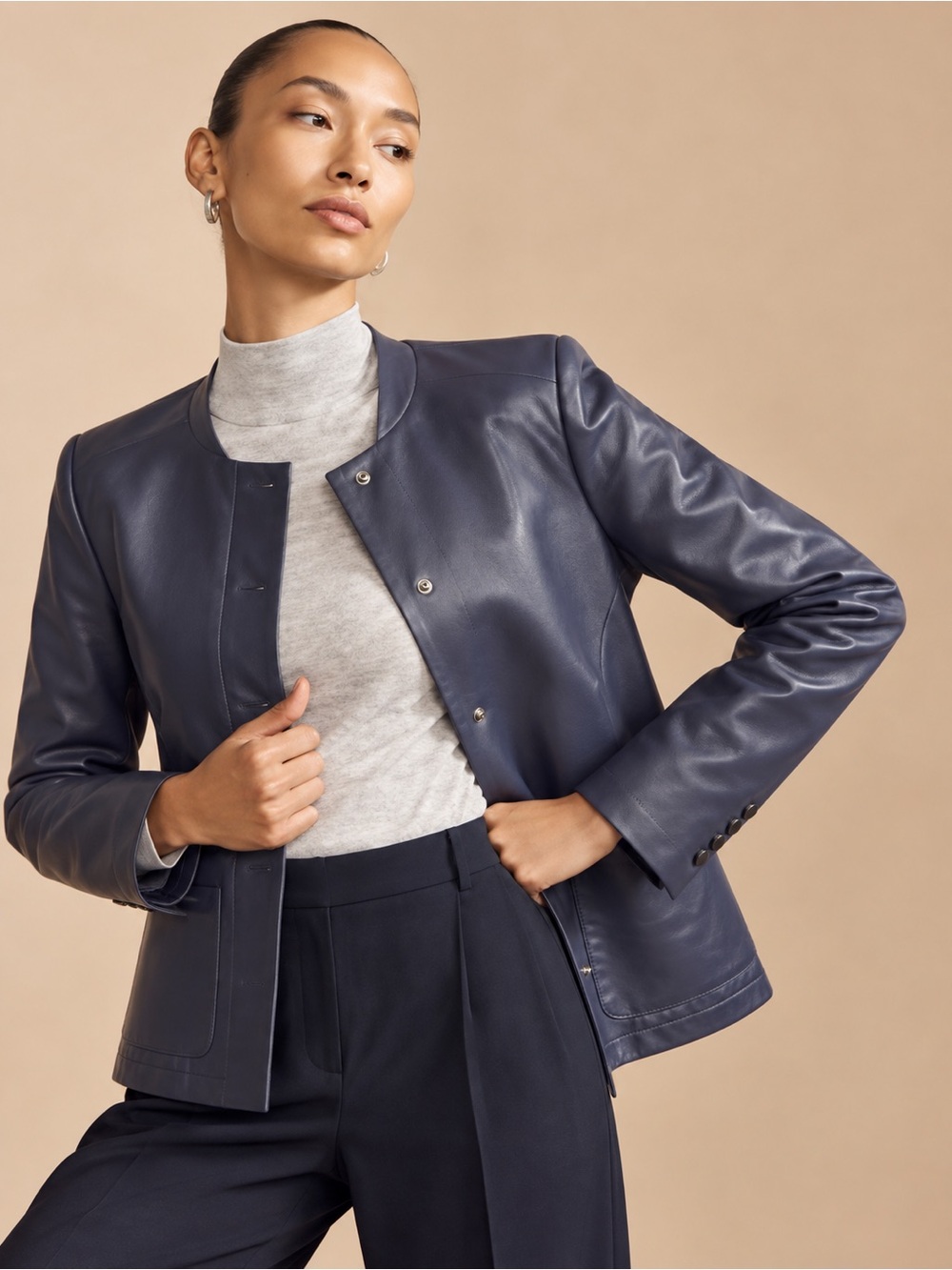 Kobi Halperin Navy Collarless Leather Jacket